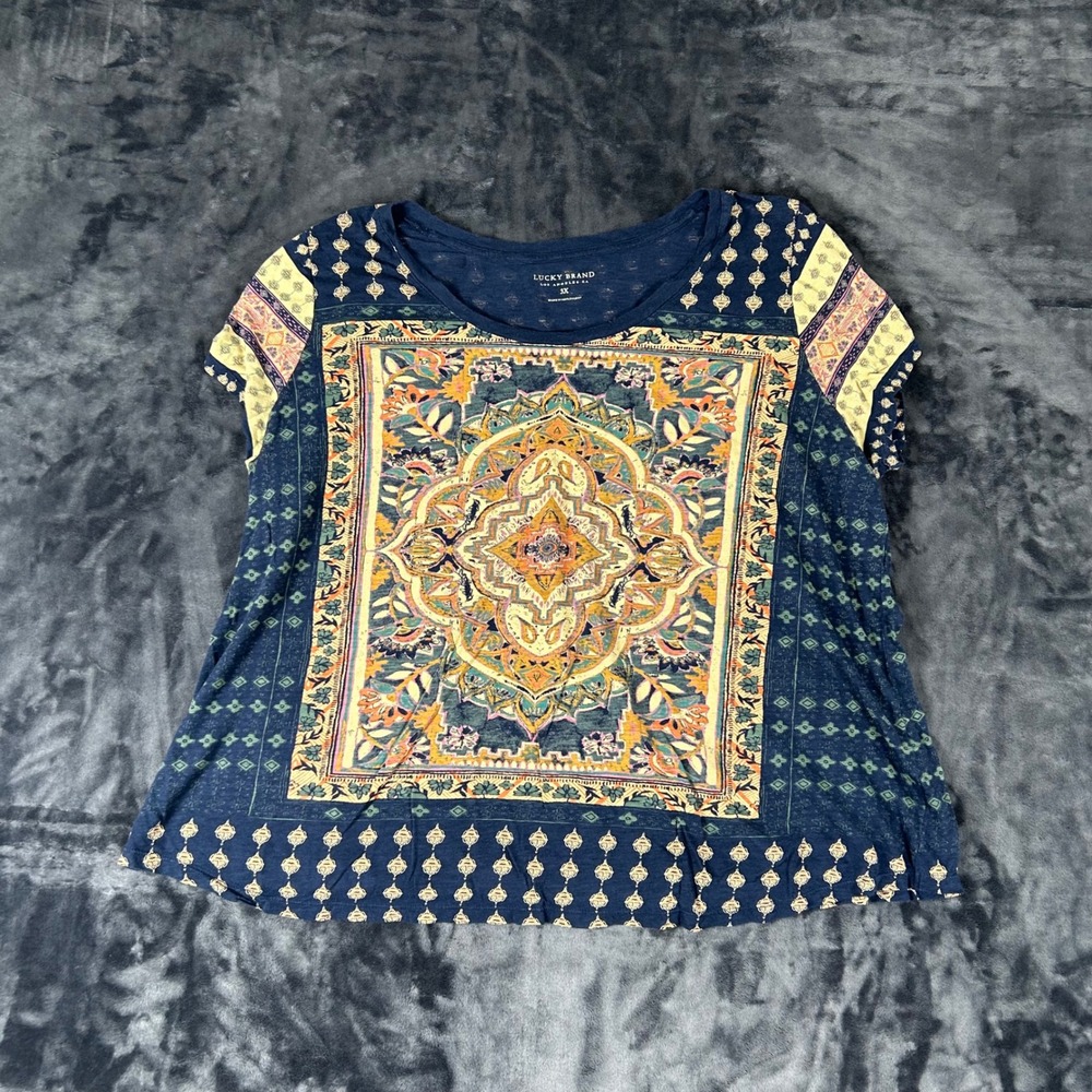 Lucky Brand Medallion Print Top Womens 3X‎ Navy Blue Boho Short Sleeve Tee